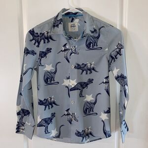Mini Boden‎ Boys Dinosaur Dino Shirt Button Down 9-10Y Blue White